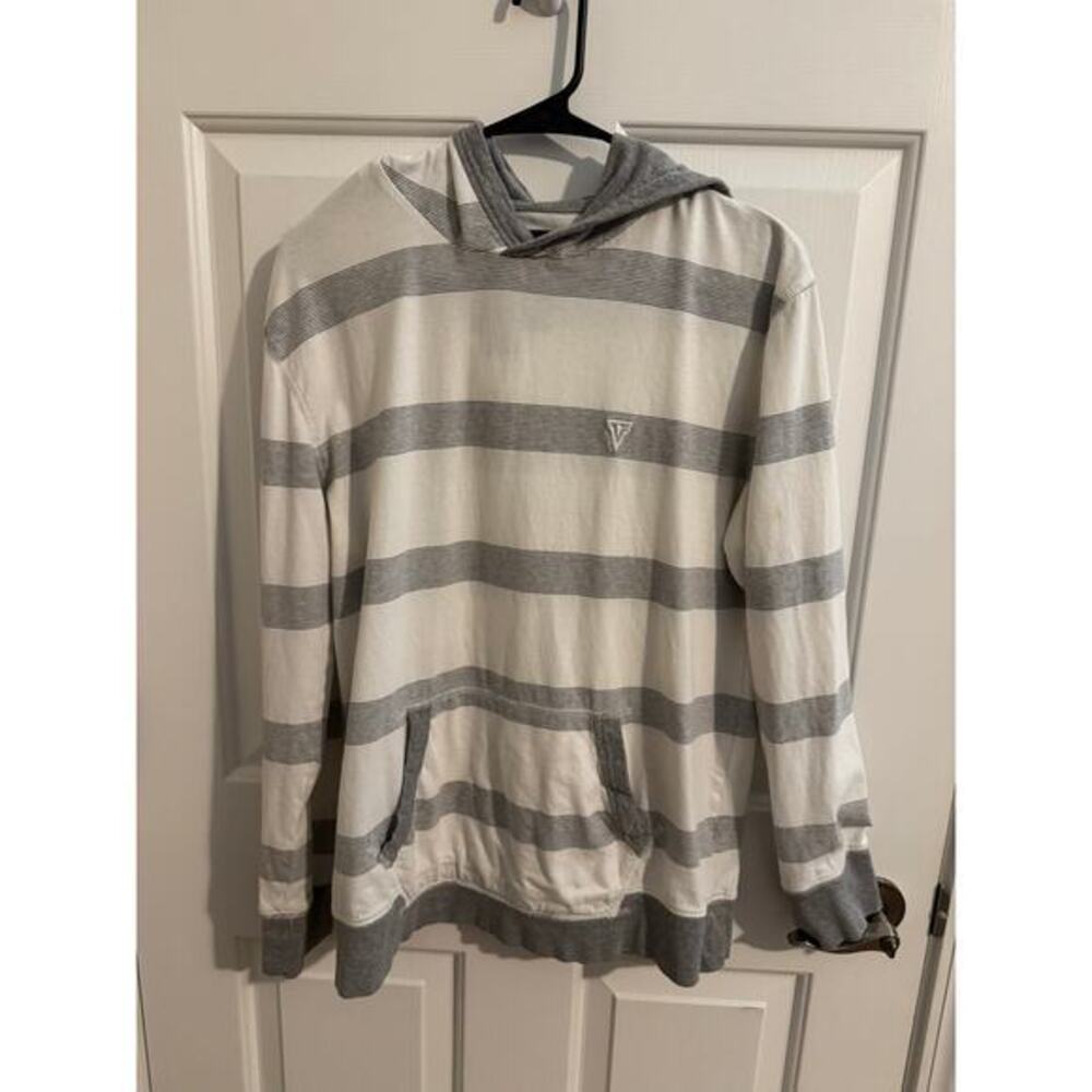 Vurt Men 100% Cotton Pullover Hoodie White Gray Stripes Pocket Medium